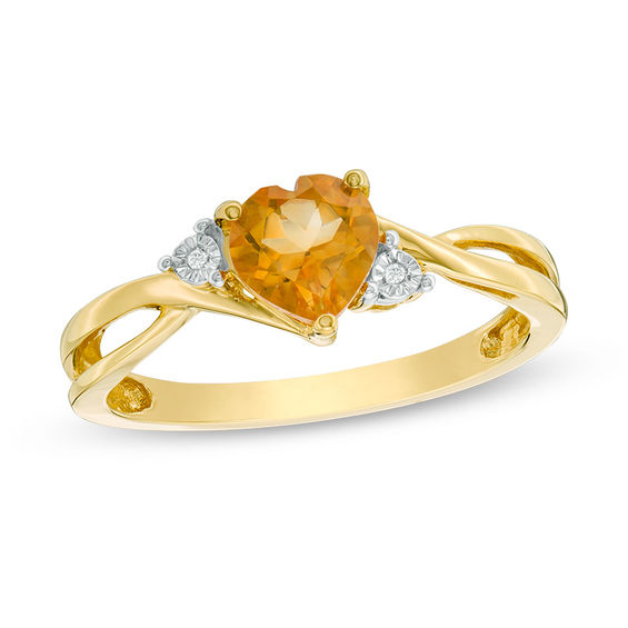 6.0mm Heart-Shaped Citrine and Diamond Accent Split Shank Ring in 10K ...