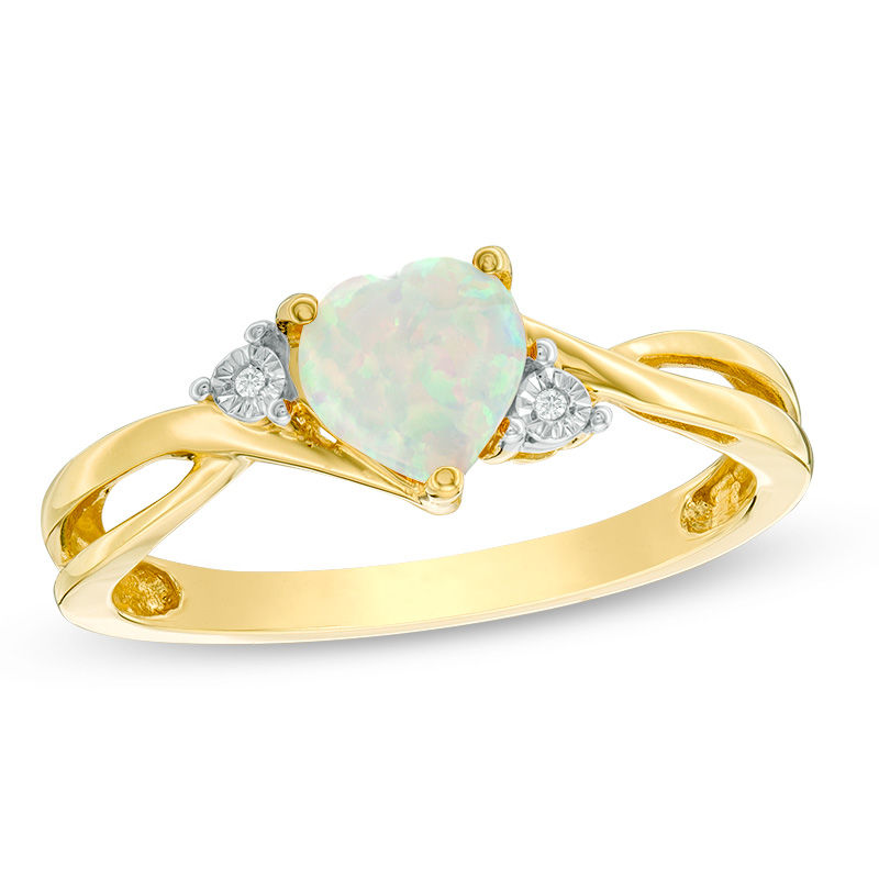 6.0mm Heart-Shaped Lab-Created Opal and Diamond Accent Split Shank Ring in 10K Gold