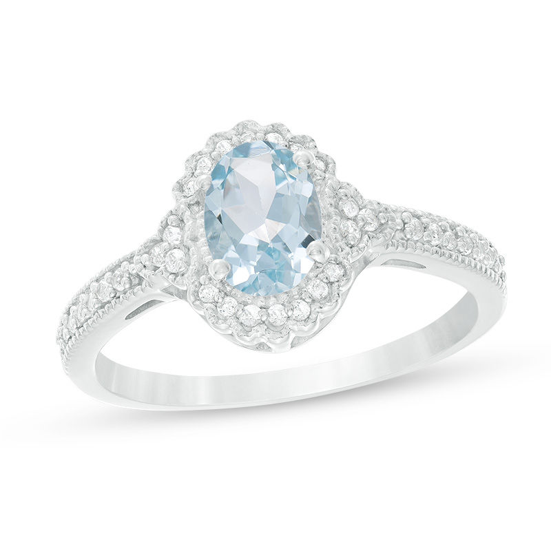 Oval Aquamarine and 1/8 CT. T.W. Diamond Frame Vintage-Style Ring in ...