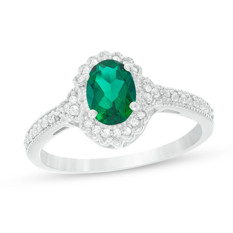 Oval Lab-Created Emerald and 1/8 CT. T.W. Diamond Frame Vintage-Style Ring in 10K White Gold