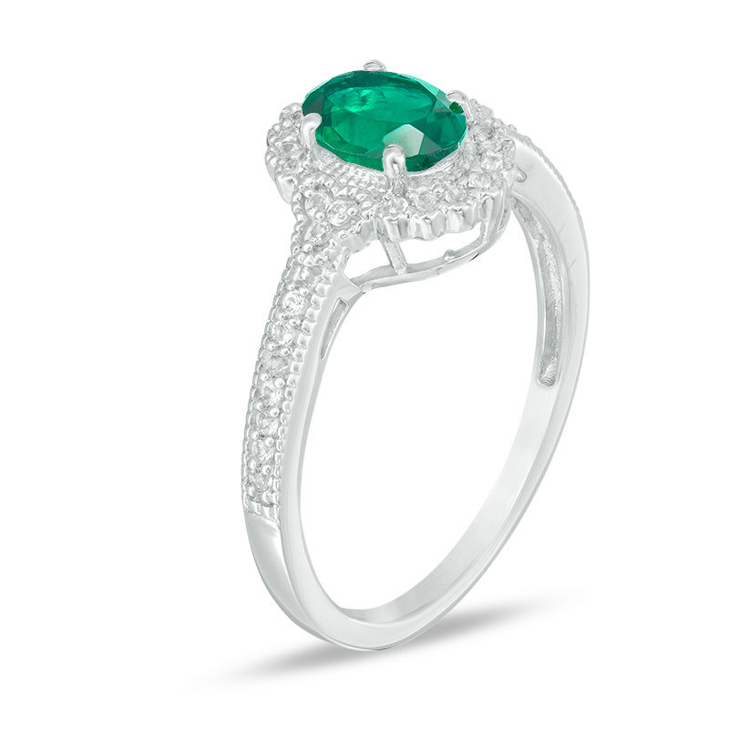 Oval Lab-Created Emerald and 1/8 CT. T.W. Diamond Frame Vintage-Style Ring in 10K White Gold