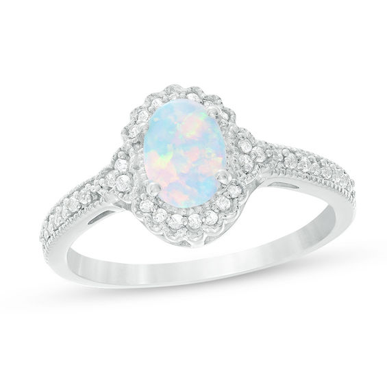 Oval Lab-Created Opal and 1/8 CT. T.w. Diamond Frame Vintage-Style Ring in 10K White Gold