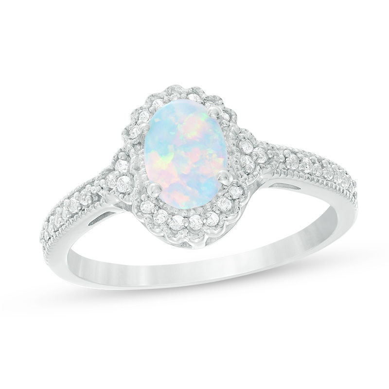 Oval Lab-Created Opal and 1/8 CT. T.W. Diamond Frame Vintage-Style Ring in 10K White Gold