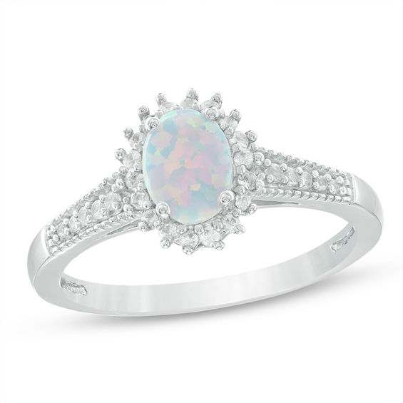 Oval Lab-Created Opal and White Sapphire Starburst Ring in Sterling ...