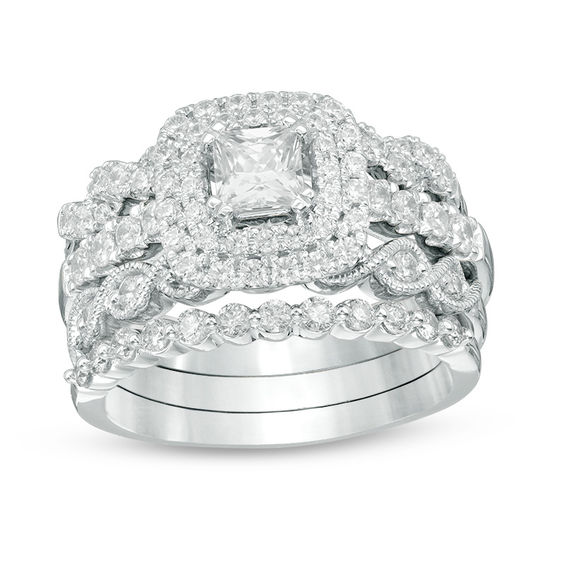 1-5/8 CT. T.w. Princess-Cut Diamond Double Frame Four Piece Bridal Set in 14K White Gold