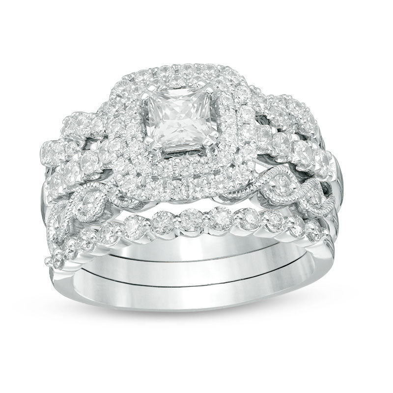 Main Image 1 of 1-5/8 CT. T.W. Princess-Cut Diamond Double Frame Four Piece Bridal Set in 14K White Gold