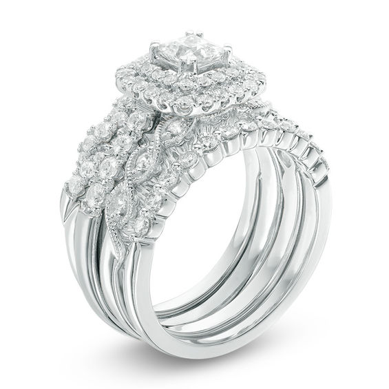 1-5/8 CT. T.w. Princess-Cut Diamond Double Frame Four Piece Bridal Set in 14K White Gold