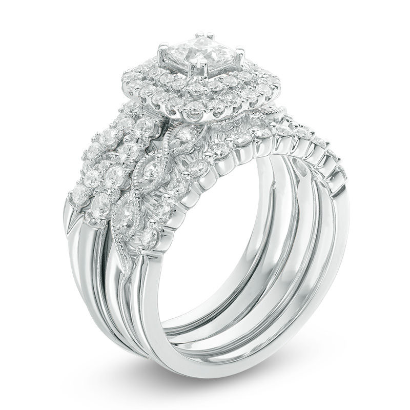 Main Image 2 of 1-5/8 CT. T.W. Princess-Cut Diamond Double Frame Four Piece Bridal Set in 14K White Gold