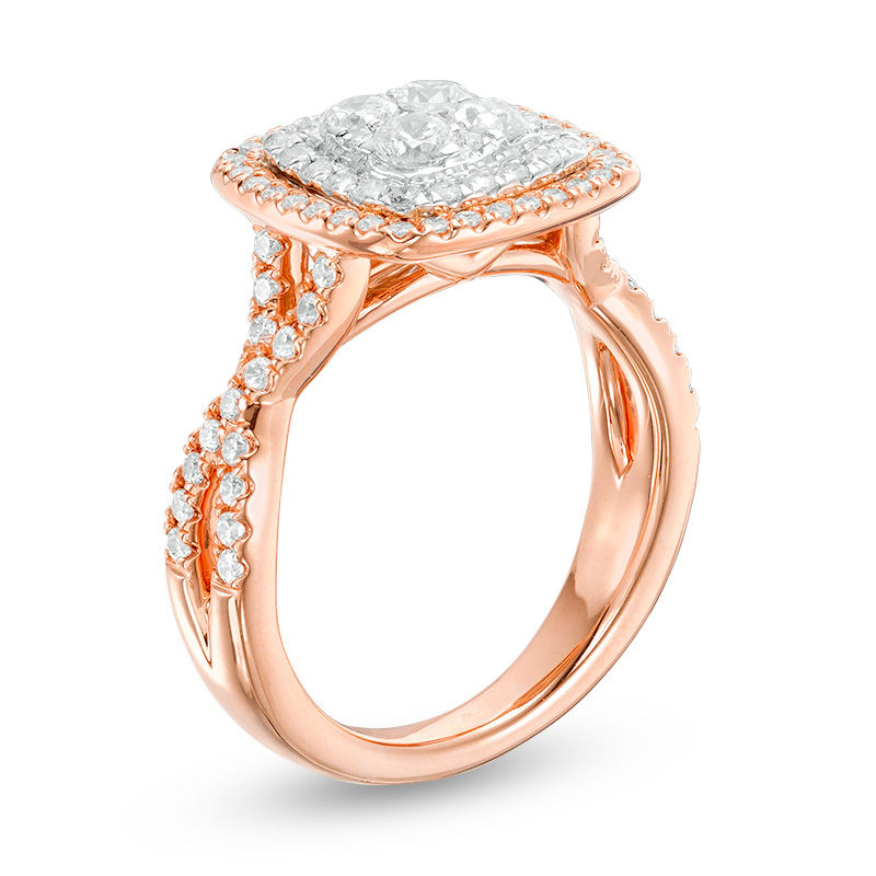 Main Image 2 of 1 CT. T.W. Quad Diamond Double Cushion Frame Twist Engagement Ring in 14K Two-Tone Gold