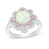 Lab-Created Opal and Pink and White Sapphire Flower Frame Ring in Sterling Silver