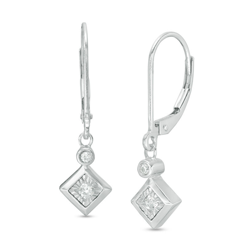 Main Image 1 of 1/8 CT. T.W. Princess-Cut and Round Diamond Drop Earrings in 10K White Gold