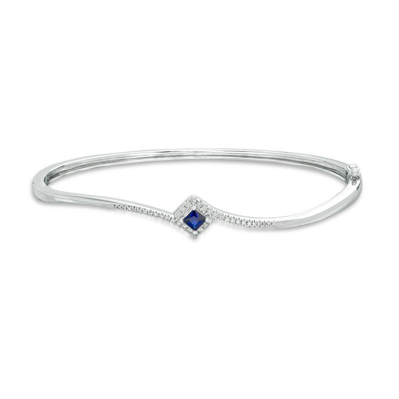 Main Image 1 of Vera Wang Love Collection Princess-Cut Blue Sapphire and 1/5 CT. T.W. Diamond Bypass Bangle in Sterling Silver - 7.5"