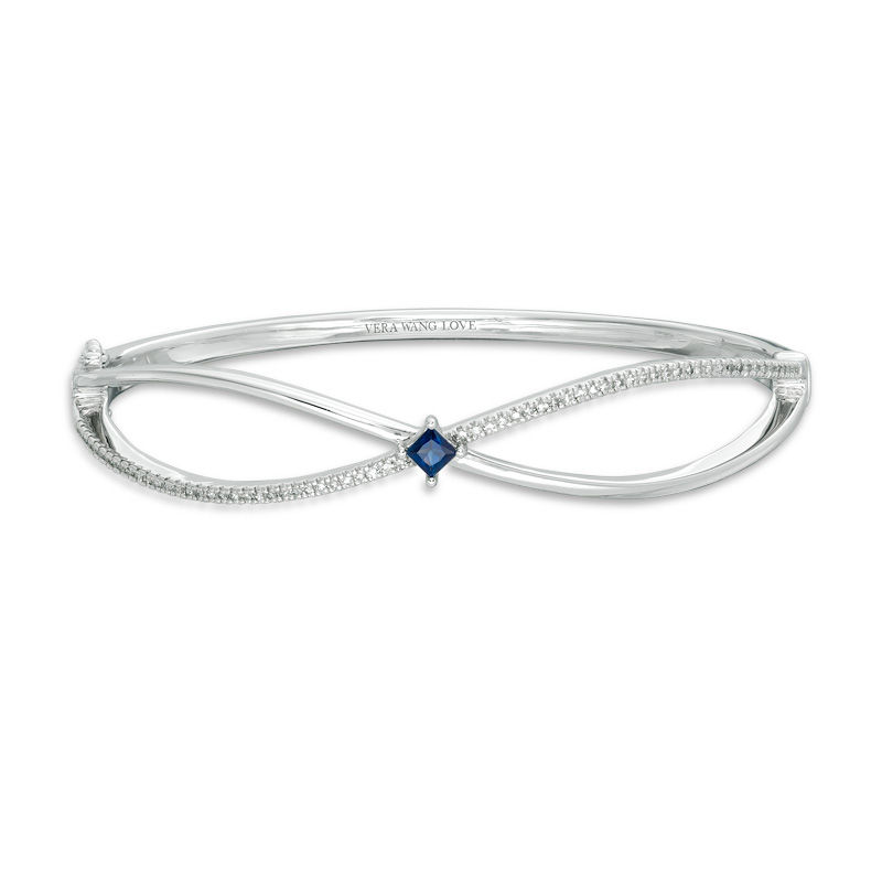 Vera Wang Love Collection Princess-Cut Blue Sapphire and 3/8 CT. T.W. Diamond Bangle in Sterling Silver - 7.5"