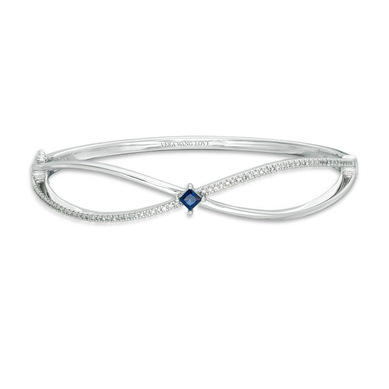 Main Image 1 of Vera Wang Love Collection Princess-Cut Blue Sapphire and 3/8 CT. T.W. Diamond Bangle in Sterling Silver - 7.5"