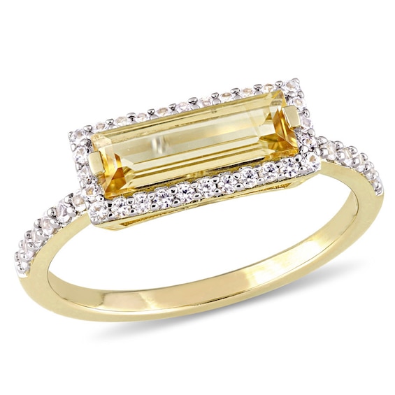 Sideways Baguette Citrine and White Sapphire Frame Ring in Sterling Silver with Yellow Rhodium