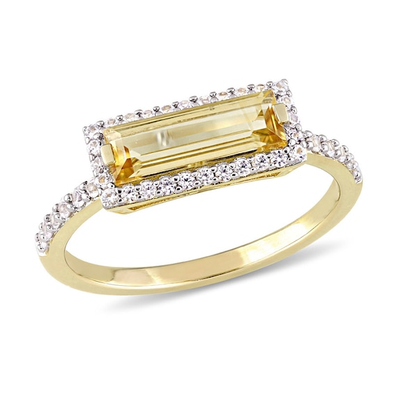 Sideways Baguette Citrine and White Sapphire Frame Ring Sterling Silver with Yellow Rhodium