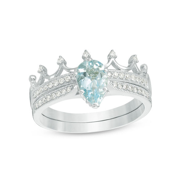 Pear-Shaped Aquamarine and 1/8 CT. T.w. Diamond Crown Bridal Set in 14K White Gold