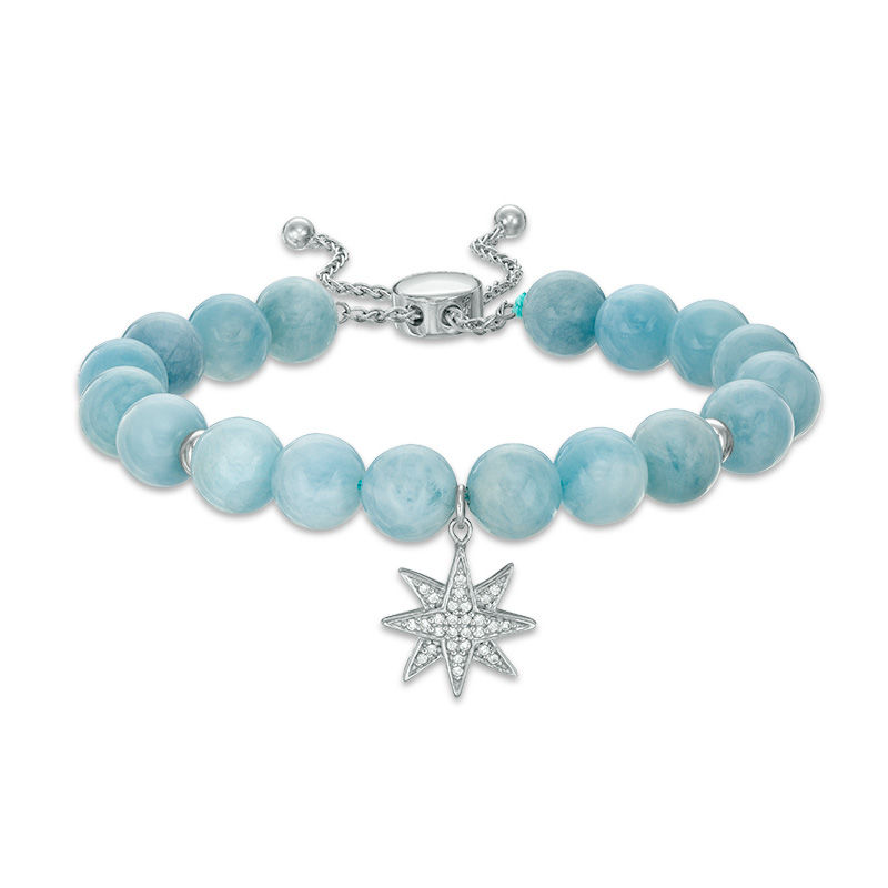 Main Image 1 of 8.0mm Aquamarine Bead and Lab-Created White Sapphire Star Charm Bolo Bracelet in Sterling Silver - 9.0"