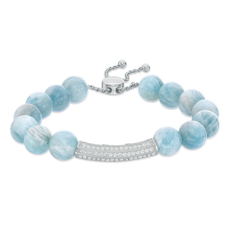 10.0mm Aquamarine Bead and Lab-Created White Sapphire Bar Bolo Bracelet in Sterling Silver - 9.0"