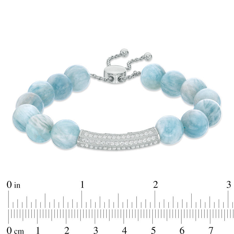 10.0mm Aquamarine Bead and Lab-Created White Sapphire Bar Bolo Bracelet in Sterling Silver - 9.0"