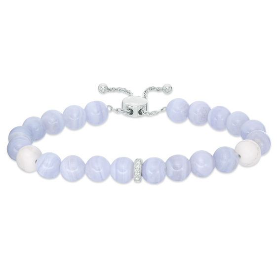 8.0mm Agate and Howlite Bead with Lab-Created White Sapphire Spacer Bolo Bracelet in Sterling Silver - 9.0"