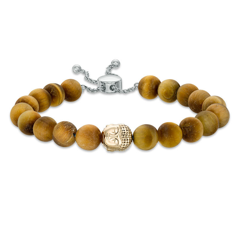 Main Image 1 of 8.0mm Tiger's Eye Bead and Sideways Buddha Head Bolo Bracelet in Sterling Silver and 10K Gold - 9.0"