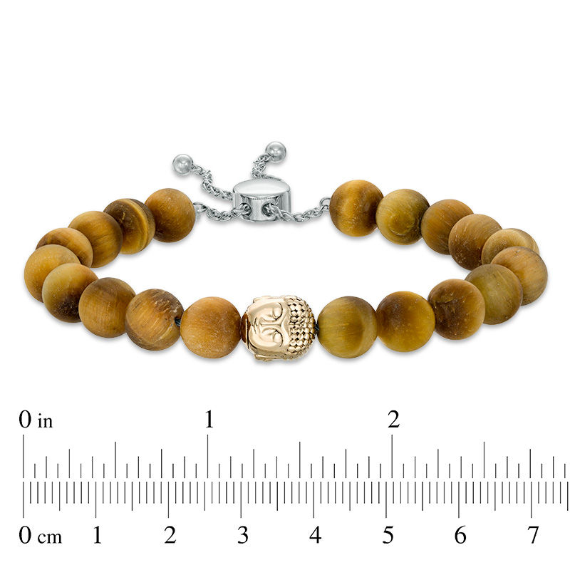 Main Image 2 of 8.0mm Tiger's Eye Bead and Sideways Buddha Head Bolo Bracelet in Sterling Silver and 10K Gold - 9.0"