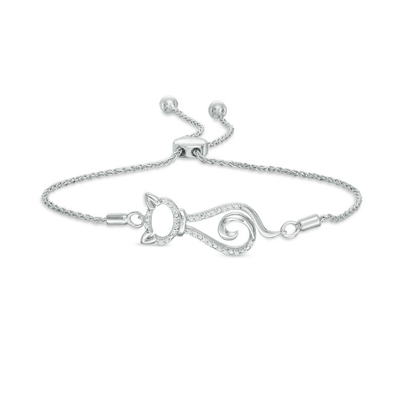 Main Image 1 of 1/10 CT. T.W. Diamond Cat Silhouette Bolo Bracelet in Sterling Silver - 8.0"