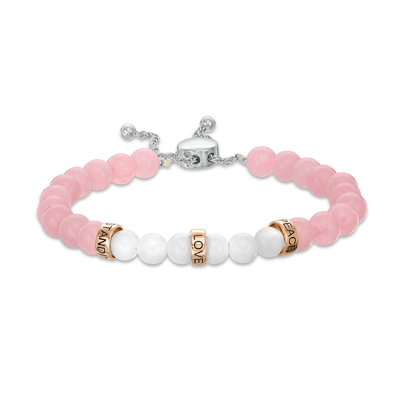 Main Image 1 of 6.0mm Mother-of-Pearl and Rose Quartz Inspirational Bead Bolo Bracelet in Sterling Silver and 10K Rose Gold - 9.0"
