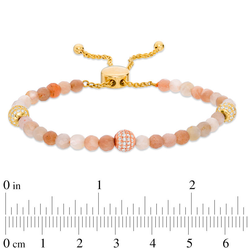 Main Image 2 of 6.0mm Moonstone Bead and Lab-Created White Sapphire Ball Bolo Bracelet in Sterling Silver and 10K Gold - 9.0"