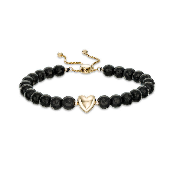 6.0mm Faceted Black Agate Bead and Puff Heart Bolo Bracelet in 10K Gold - 9.0"