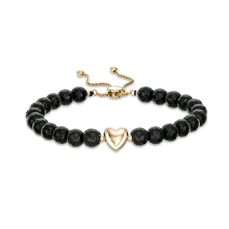 Main Image 1 of 6.0mm Faceted Black Agate Bead and Puff Heart Bolo Bracelet in 10K Gold - 9.0"