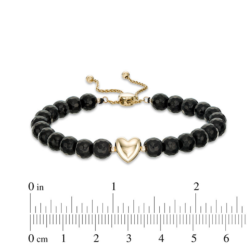 Main Image 2 of 6.0mm Faceted Black Agate Bead and Puff Heart Bolo Bracelet in 10K Gold - 9.0"