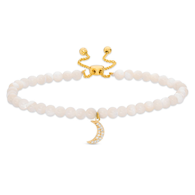 Main Image 1 of 4.0mm Mother-of-Pearl Bead and Lab-Created White Sapphire Moon Charm Bolo Bracelet in 10K Gold - 9.0"