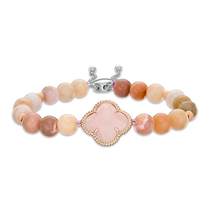Main Image 1 of 14.0mm Clover-Shaped Rose Quartz and Pink Opal Bead Bolo Bracelet in Sterling Silver and 10K Rose Gold - 9.0"