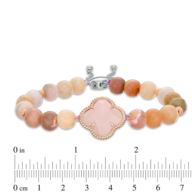 Main Image 2 of 14.0mm Clover-Shaped Rose Quartz and Pink Opal Bead Bolo Bracelet in Sterling Silver and 10K Rose Gold - 9.0"