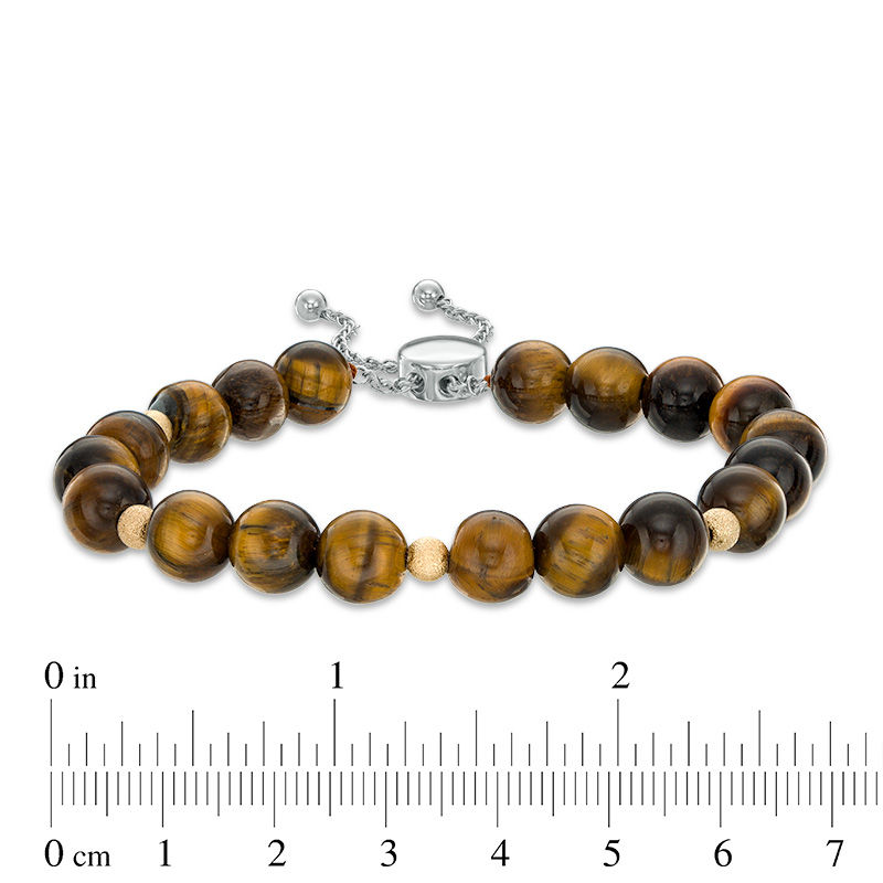 Main Image 2 of 8.0mm Tiger's Eye Bead Bolo Bracelet in Sterling Silver and 10K Gold - 9.0"
