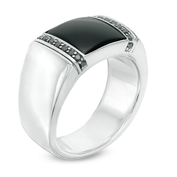 11.0mm Cushion-Cut Onyx and 1/3 CT. T.w. Black Diamond Ring in Sterling Silver