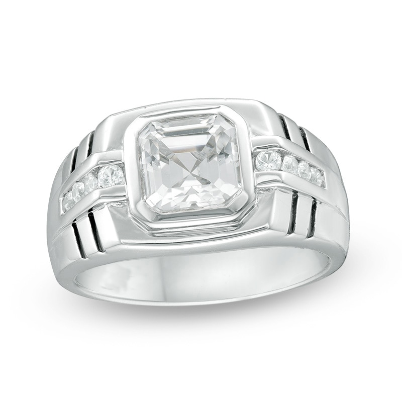 Men's 8.0mm Asscher-Cut Lab-Created White Sapphire Ring in Sterling Silver