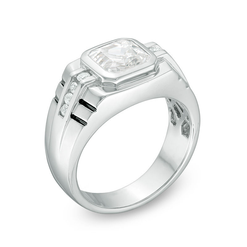 Men's 8.0mm Asscher-Cut Lab-Created White Sapphire Ring in Sterling Silver