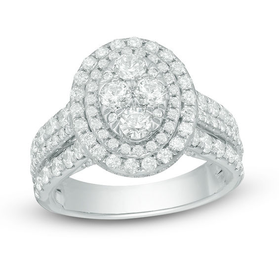 2 CT. T.w. Quad Diamond Double Oval Frame Multi-Row Engagement Ring in 14K White Gold