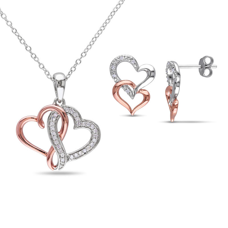 Main Image 1 of 1/5 CT. T.W. Diamond Interlocking Hearts Pendant and Stud Earrings Set in Sterling Silver with Rose Rhodium