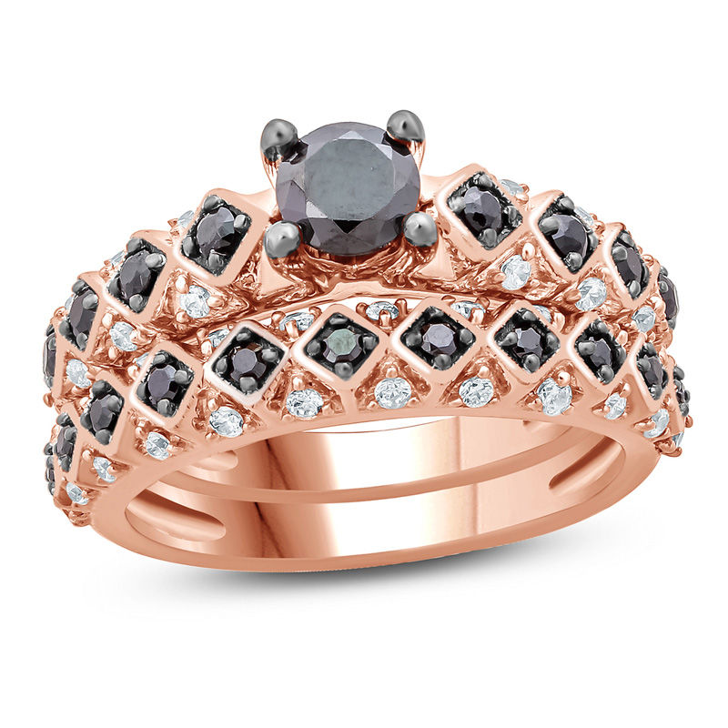 Main Image 1 of 1 CT. T.W. Enhanced Black and White Diamond Tilted Square Shank Bridal Set in 10K Rose Gold