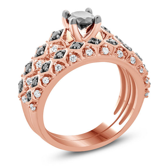 1 CT. T.w. Enhanced Black and White Diamond Tilted Square Shank Bridal Set in 10K Rose Gold