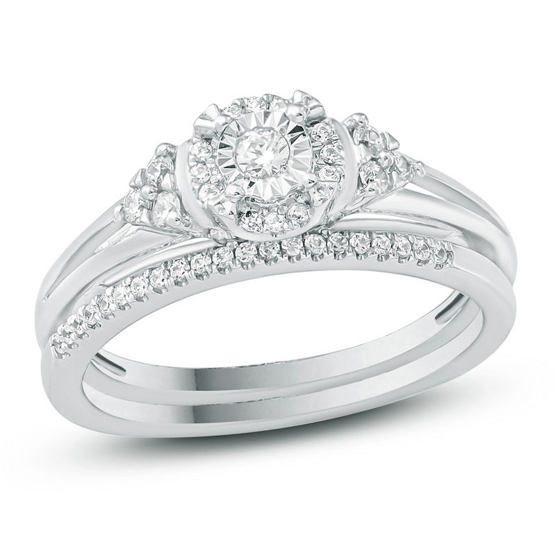 1/4 CT. T.W. Diamond Frame Tri-Sides Bridal Set in Sterling Silver