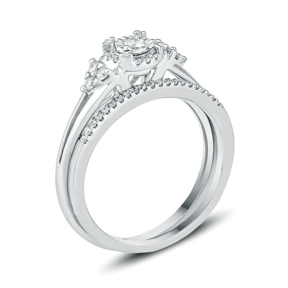 1/4 CT. T.w. Diamond Frame Tri-Sides Bridal Set in Sterling Silver