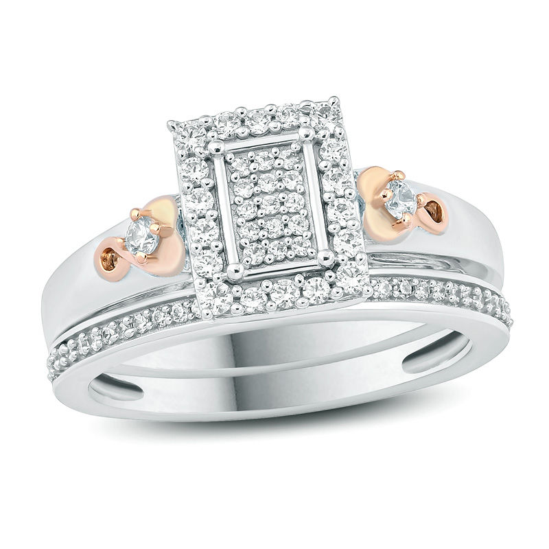 Main Image 1 of 3/8 CT. T.W. Composite Diamond Rectangle Frame Heart-Sides Bridal Set in Sterling Silver and 14K Rose Gold Plate