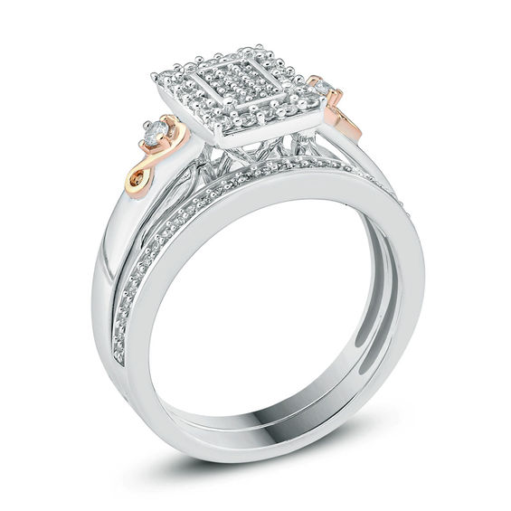 3/8 CT. T.w. Composite Diamond Rectangle Frame Heart-Sides Bridal Set in Sterling Silver and 14K Rose Gold Plate