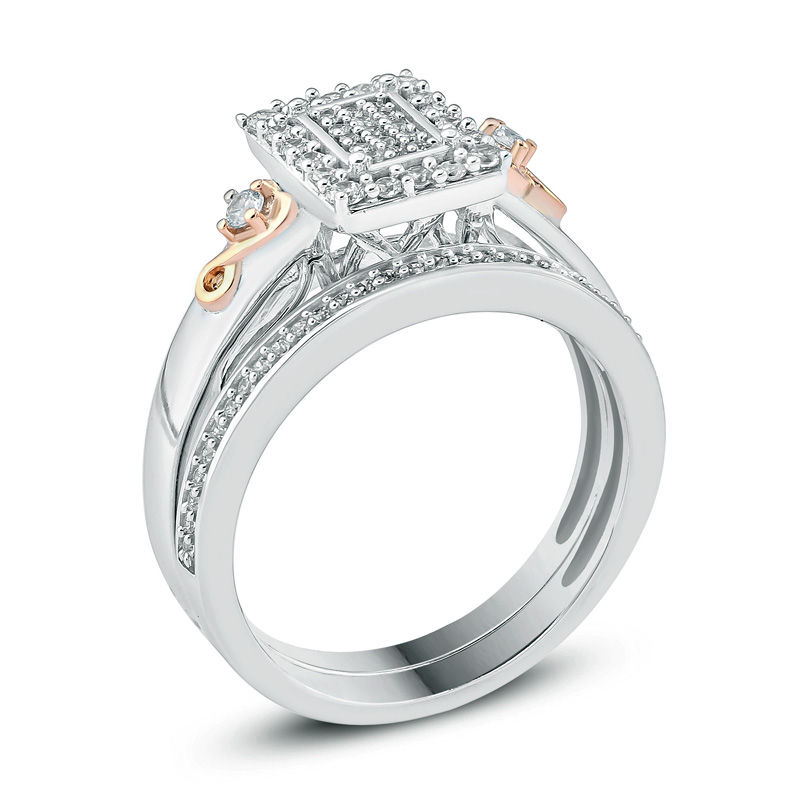 Main Image 2 of 3/8 CT. T.W. Composite Diamond Rectangle Frame Heart-Sides Bridal Set in Sterling Silver and 14K Rose Gold Plate