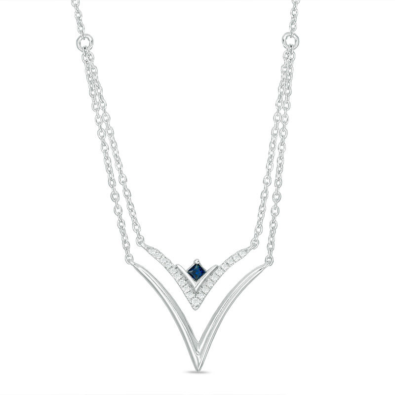 Main Image 1 of Vera Wang Love Collection Blue Sapphire and 1/15 CT. T.W. Diamond Double Strand Necklace in Sterling Silver - 19"